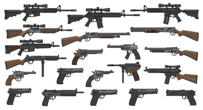 Comprehensive collection of various modern and classic firearms including assault rifles, shotguns, pistols, and revolvers in a detailed style.