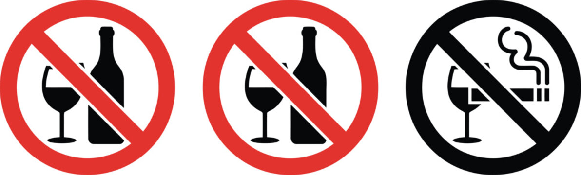 No alcohol no smoking, prohibition sign icon set, vector collection featuring wine glass and cigarette symbols with prohibition marks for safety signage and compliance graphics.