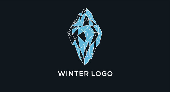 Modern geometric low poly iceberg logo design with blue and white triangular facets isolated on a dark navy blue background.
