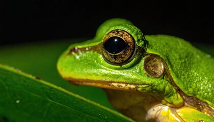 Obraz premium Green Frog Closeup on Leaf Macro.