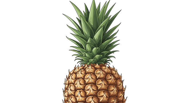 Detailed realistic illustration of a fresh ripe pineapple with sharp green leaves and textured brown skin isolated on a white background.