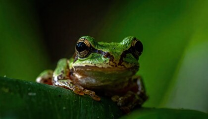 Fototapeta premium Green Frog Sitting on Leaf Closeup.