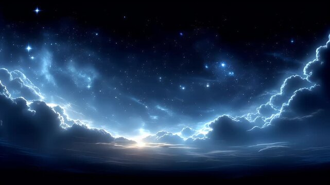 Space universe exploration, fantasy, mysterious. A vivid digital artwork depicts a celestial scene. The sky is a deep blue, filled with numerous stars and nebulae.