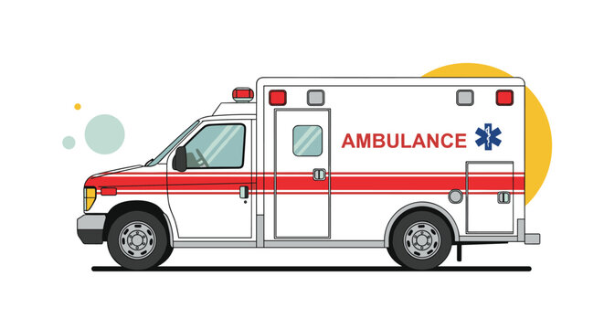 Side profile view of a modern white ambulance vehicle with red emergency stripes and medical cross symbol on a clean background.