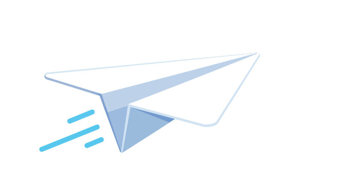 Origami paper airplane soaring forward with blue motion lines against a clean white background symbolizing travel communication and swift delivery of messages or ideas