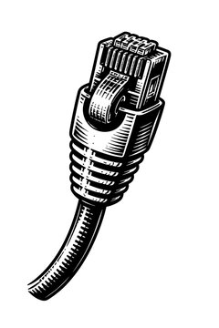 Black and white illustration of an ethernet cable connector close-up, ideal for tech and networking concepts