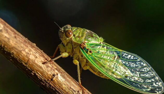 Green Cicada Perched on Branch Closeup.