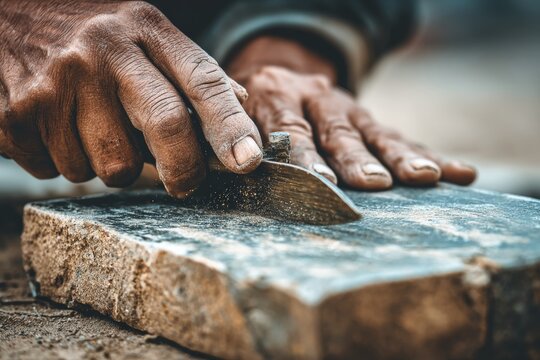 Elderly Malay man carefully sharpening parang tool on a stone, showcasing traditional craft and skilled maintenance