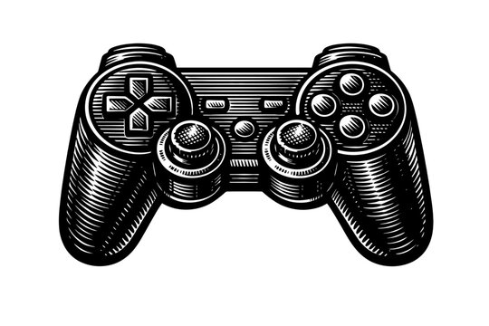 A black and white illustration of a video game controller with detailed buttons and joysticks for gaming