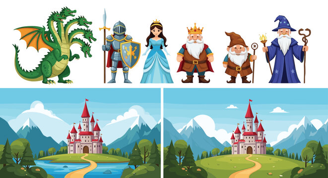 Set of fairytale fantasy characters including a hydra dragon knight queen king dwarf and wizard with two castle landscape backgrounds.