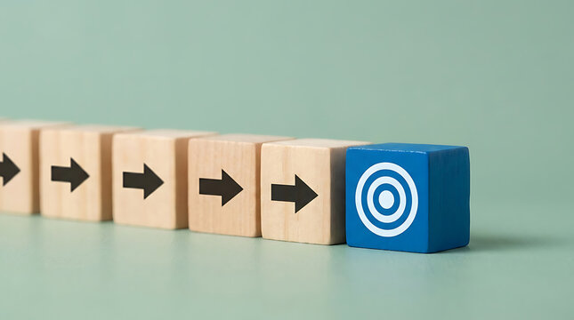 Strategic business growth concept featuring wooden blocks with arrow icons pointing towards a blue target cube on a pastel green surface representing goal achievement and leadership direction.