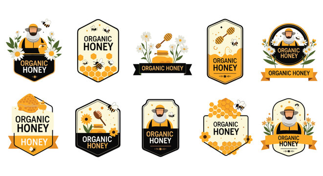 Collection of ten organic honey logos and labels featuring beekeepers in protective suits beehives bees and floral elements.