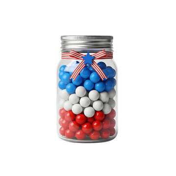 Festive 4th of july mason jar filled with red white and blue candies isolated on transparent background
