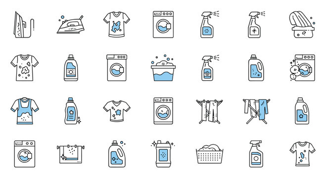 Comprehensive set of laundry and washing icons including machines detergents dirty clothes ironing and drying equipment.