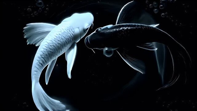 Yin Yang, Chinese philosophy, harmony, balance, Taoism. A digital artwork depicts two koi fish swimming in a dark, murky body of water. The koi are depicted in a side profile.