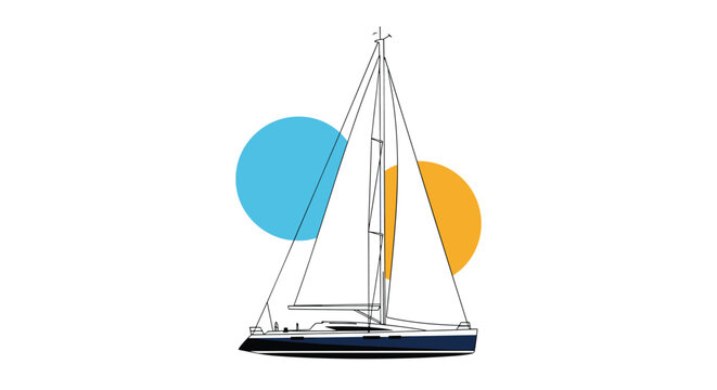 Minimalist line drawing of a sailboat on the water with abstract blue and yellow circular shapes in the background.