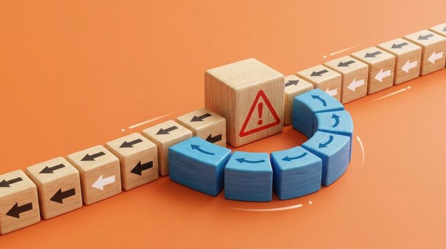 A single wooden block with a warning symbol stands out against a line of identical blocks with directional arrows symbolizing deviation from the norm