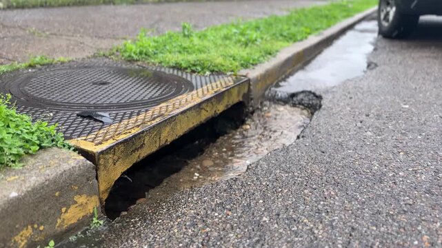 Rainwater flows along a curb into a storm sewer drain, highlighting urban runoff, drainage systems, and street flooding after rainfall. 15216