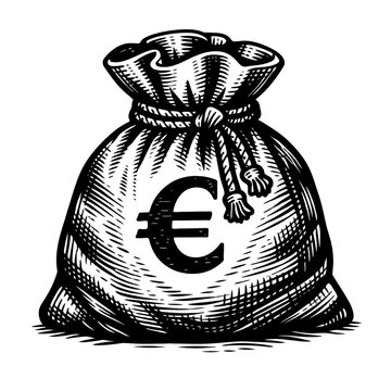 A black and white illustration of a money bag with a euro symbol on it, tied at the top with a rope, isolated on a white background.