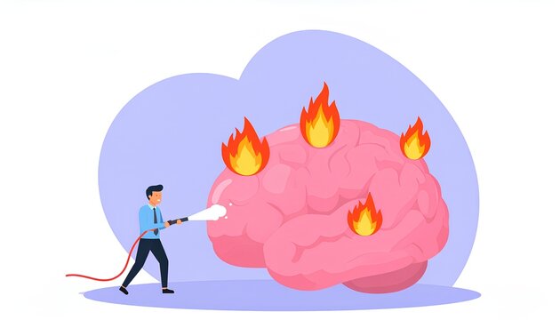 Burnout Prevention Businessman Douses Flaming Brain with Water Hose