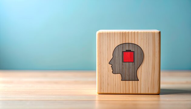 Burnout Prevention Low Battery Icon in Human Head Silhouette on Wooden Block