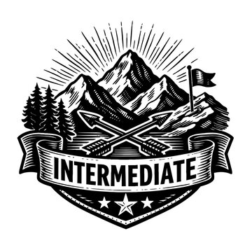 Black and white illustration of mountain landscape with flag and banner reading INTERMEDIATE