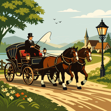 Vintage Horse Drawn Carriage Illustration in Scenic Countryside,A flat vector illustration of a man in a top hat driving a black horse-drawn carriage with two brown horses on a sunny country road near