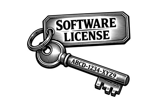 Black and white illustration of a key with software license tag for coding and development