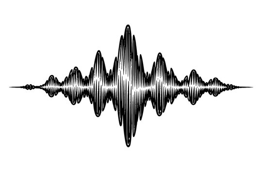 Black sound wave pattern on white background for audio and music concepts, illustrating oscillations and vibrations in a simple visual representation