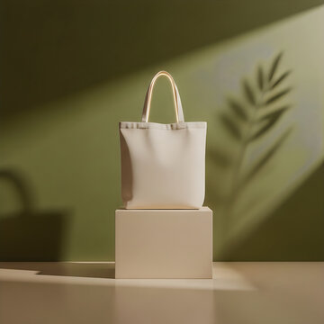 Blank beige tote bag placed on pedestal against green background with palm leaf shadow for eco-friendly product branding and fashion mockup