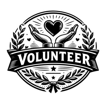 Black and white volunteer badge with heart and hands up