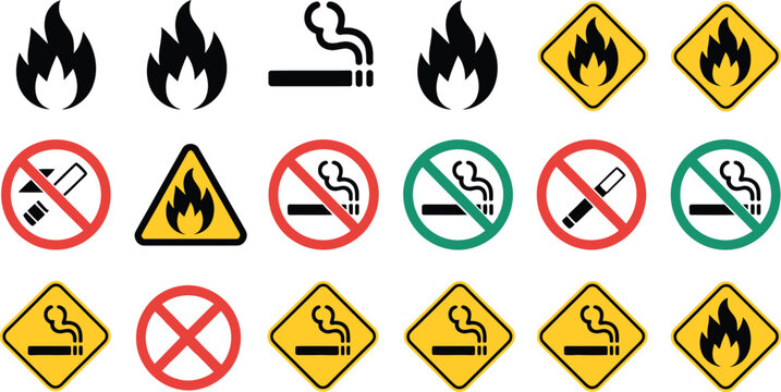 No open flame no smoking safety sign set, red circle slash prohibition symbols over burning flame and lit cigarette for hazard warning and safety compliance design.