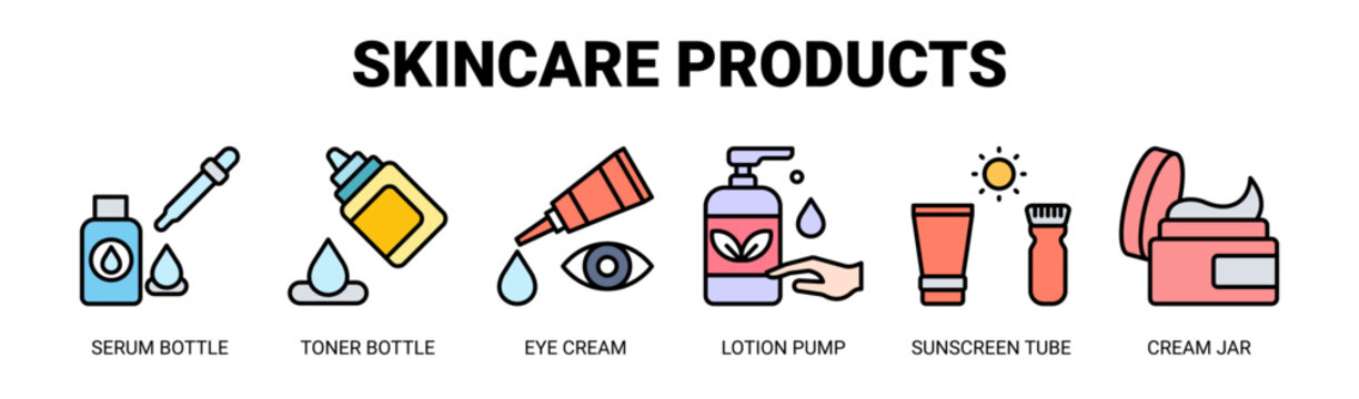 Skincare Products web banner icon vector illustration concept with icons of serum bottle, toner bottle, eye cream, lotion pump, sunscreen tube, and cream jar. 