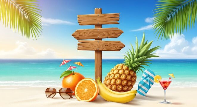 Tropical summer day paradise beach sign fruits and ocean vibes