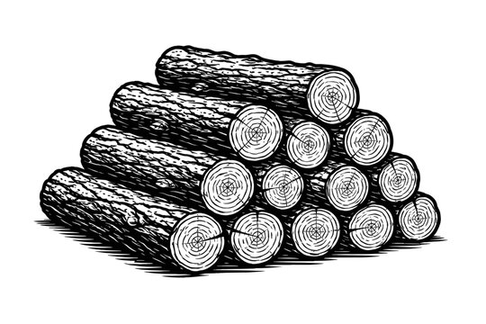 Black and white illustration of stacked logs with visible tree rings