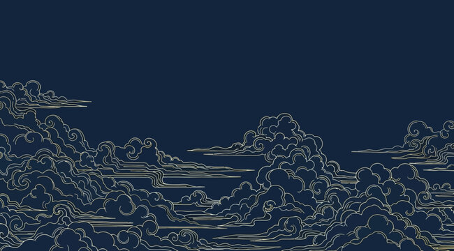 Traditional chinese style cloud pattern background, dark blue and gold line art illustration