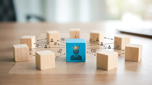 Abstract social network concept featuring natural wooden cubes and a single blue block representing unique leadership, individuality, and hierarchical team structure in business.