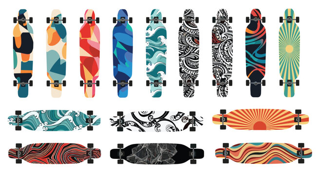 Large set of longboard skateboards displayed vertically and horizontally featuring many vibrant and colorful graphic patterns.