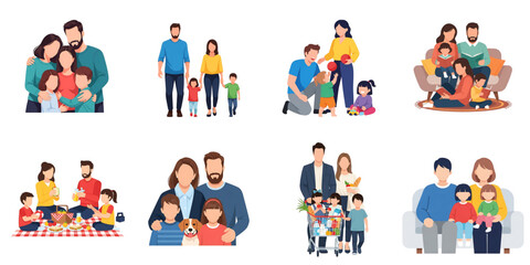 Fototapeta premium Modern Family Character Collection, Flat Vector Set of Parents and Children in Everyday Lifestyle Activities