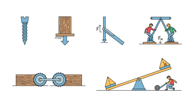 Educational diagrams illustrating various simple machines and mechanical principles involving gears, levers, and human effort.