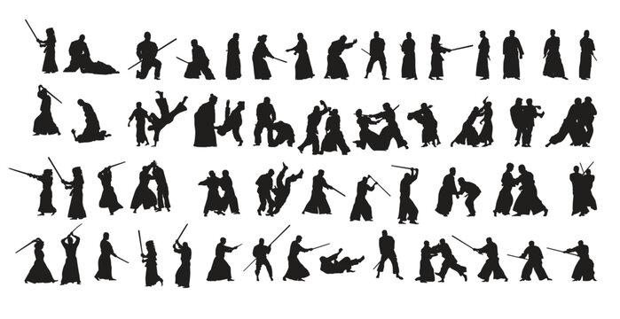 Set of Black Silhouettes of Aikido Fighters vector illustration