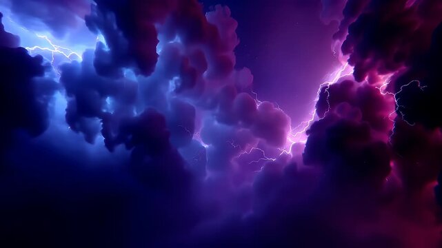 Fantasy wallpaper. A vivid digital artwork depicts a dramatic scene of a lightning strike. The sky is filled with swirling clouds, each illuminated by a spectrum of colors deep purples and blues.