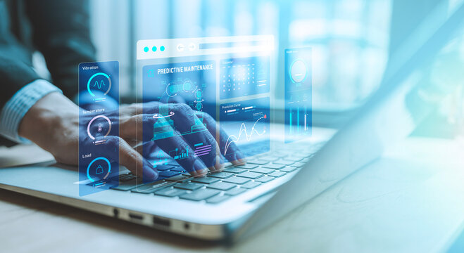 Predictive maintenance condition monitoring industry 4.0 engineer using laptop hologram dashboard robotic arm data analytics smart factory, Asset management Planning System optimization