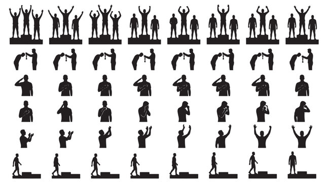 Olympic Medal Ceremony Emotion Silhouettes Set Pack, Editable Vector Stroke Illustration. Contain silhouette, vector, set, collection, man, male, people, success, victory, podium and more silhouettes