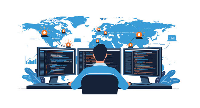 Backend developer or systems administrator working at a desk with three computer monitors monitoring global server status alerts.