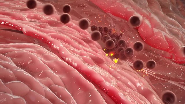 Inside body tissue,
immune cells calmly patrolling,
suddenly they attack harmless particles,
causing inflammation effect,
tissue becomes slightly swollen
