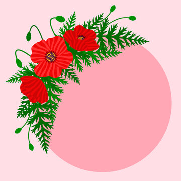 Wild poppy flowers corner frame. Botanical papaver floral arrangement with copy space for greeting card or invitation template. Summer meadow nature graphic. Flat style vector illustration.