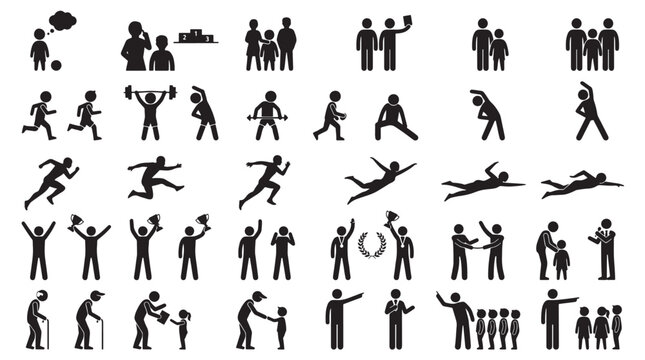 Legacy of Olympic Champions Silhouettes Set Pack, Editable Vector Stroke Illustration. Contain figure, human, person, activity, sport, exercise, family, interaction, education and more silhouettes.