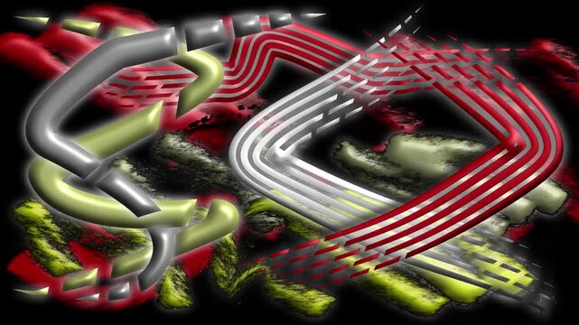 Clip astratta con forme metalliche intrecciate in movimento, caratterizzata da superfici lucide, colori intensi e un&rsquo;estetica futuristica che richiama dinamismo, tecnologia e design digitale