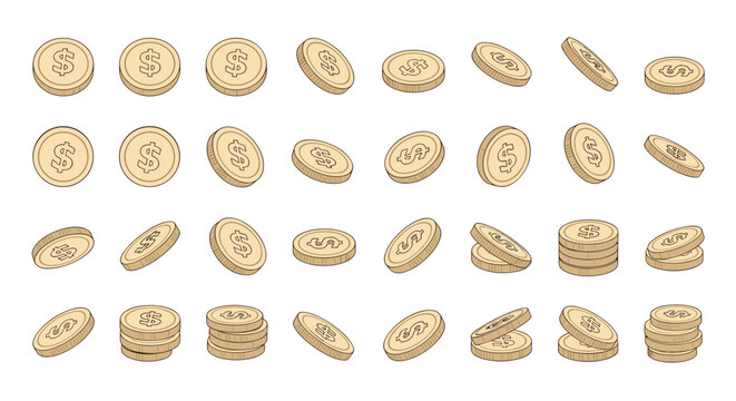 Large assortment of golden dollar coins shown from many different angles and in several organized stacks on a white background.